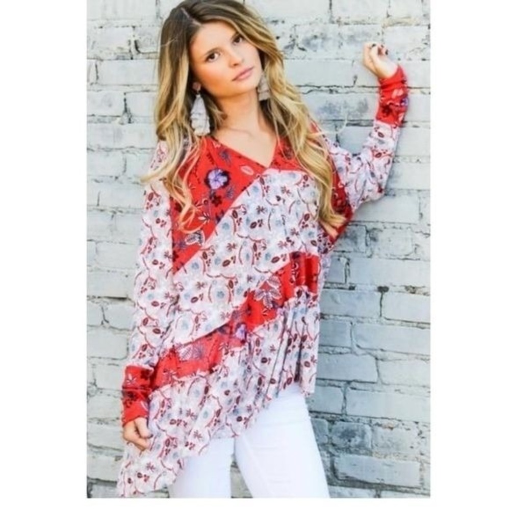 Free People Isabelle Tunic Top Cherry Combo XS Floral Patchwork Boho Hippie